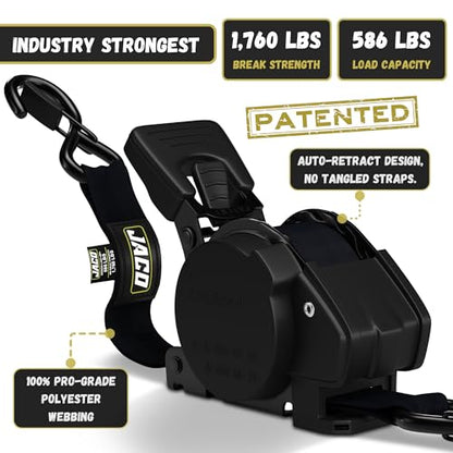 JACO Retractable Ratchet Straps - 1 in x 15 ft (2-Pack) (1,760lbs Break Strength) | Auto Self Retracting Cargo Tie Down Strap Set (Black) - color: Black, size: 2-Pack