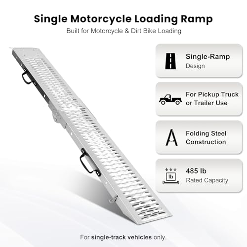 Folding Motorcycle Loading Ramp for Pickup Truck & Trailer, 485 lb Steel Ramp with 2 Dual-Hook Ratchet Straps, Carry Handle and Locking Latch, Dirt Bike Ramp, 72.7" x 8.9", 1 Pack - size: Perforated Surface - 1 Pack - 485 lb