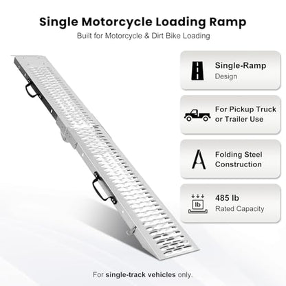 Folding Motorcycle Loading Ramp for Pickup Truck & Trailer, 485 lb Steel Ramp with 2 Dual-Hook Ratchet Straps, Carry Handle and Locking Latch, Dirt Bike Ramp, 72.7" x 8.9", 1 Pack - size: Perforated Surface - 1 Pack - 485 lb