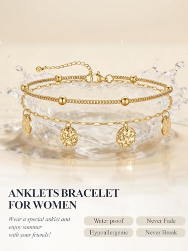 U7 Silver/Gold Ankle Bracelets for Women Layered Chain Anklets Stainless Steel Waterproof Summer Beach Anklet Cham, Adjustable 8.5"-10.5" - color: Gold - Ball Chain+Paperclip Chain