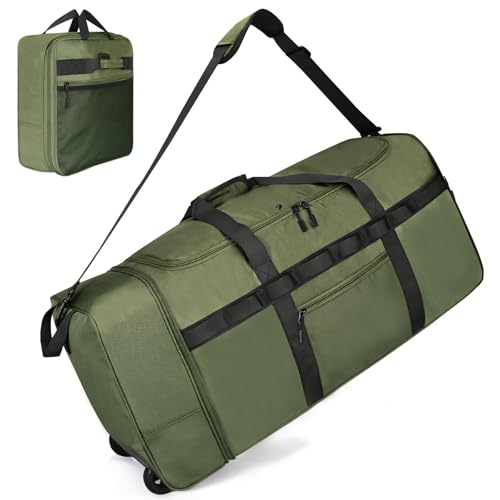 Rolling Duffle Bag with Wheels, 85L Expandable Rolling Duffel Bag for Travelling, Extra Large Foldable Carry on Travel Duffle Bag for Men - color: Green