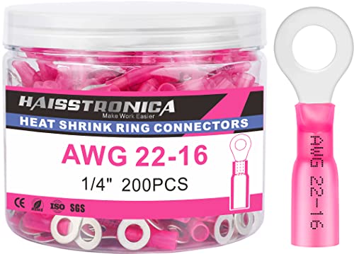haisstronica 200PCS Heat Shrink Ring Terminals 1/4" Marine Grade Wire Connectors Red AWG 22-16 Gauge, Tinned Red Copper 0.7mm Resistant Ring Connectors, Brazed-Seam Insulated Electrical Crimp - color: Red, size: Ring 1/4"