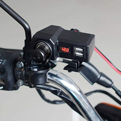 12V 2.1A Motorcycle Dual USB Phone Charger with ON Off Switch & LED Voltmeter & Cigarette Lighter, Motorcycle Handlebar Clamp, Waterproof
