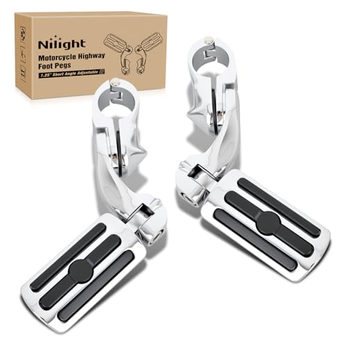 Nilight 1-1/4" Motorcycle Highway Pegs For Harley Touring Street Glide Electra Glide Road King CVO Dyna Trike Sportster Adjustable Short Angled Foot Pegs Universal For 1.25" Engine Guard Crash Bars - color: Chrome #1, size: Short Angled