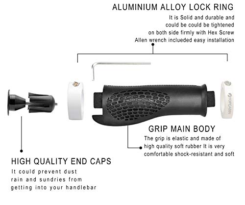 TOPCABIN Ergonomic Bike Grips - Widen Holding Rubber Grips with Aluminum LockGrips for Mountain & Road Bikes - color: (Aluminum lock plug+Grips) White 1 Pair