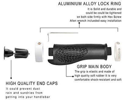 TOPCABIN Ergonomic Bike Grips - Widen Holding Rubber Grips with Aluminum LockGrips for Mountain & Road Bikes - color: (Aluminum lock plug+Grips) White 1 Pair