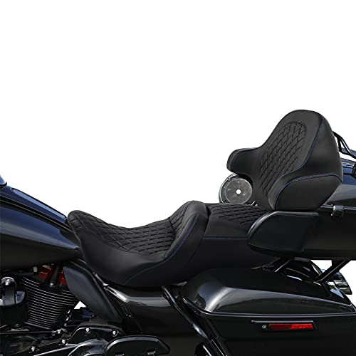 HR3 Wrap Around Backrest Pad for King Trunk Chopped Trunk Compatible with 2014-later Harley Touring Road King Road Glide Street Glide Electra Glide (Diamond Blue Stitches) - color: Blue Stitches