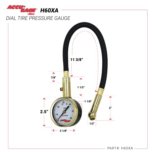 Accu-Gage by Milton Dial Tire Pressure Gauge with Swivel Angle Air Chuck and 11 in. Braided Hose - ANSI Certified for Motorcycle/Car/Truck Tires (0-60 PSI)