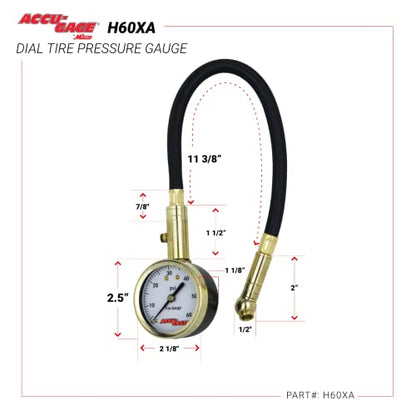 Accu-Gage by Milton Dial Tire Pressure Gauge with Swivel Angle Air Chuck and 11 in. Braided Hose - ANSI Certified for Motorcycle/Car/Truck Tires (0-60 PSI)