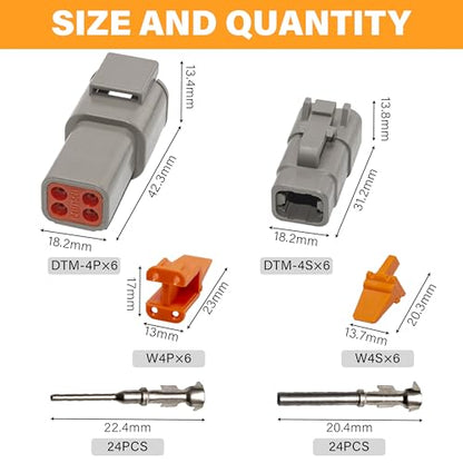 Deutsch DTM Grey 4 Pin Connectors 6 Sets, Waterproof Electrical Wire Connector with Stamped Contacts and Seal Plug for Truck, Off-Road Vehicles, Construction, Agriculture, Marine, Motorcycle Wiring - size: 4Pin-6 Set