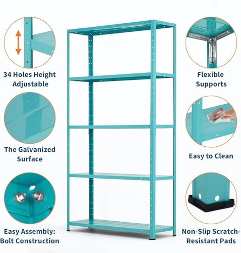 Storage Shelves, Heavy Duty 5-Tier Shelf Organizer & Adjustable Garage Shelving Unit, 2500 lbs Capacity, Metal Shelves, 68" H x 35" W x 12" D - size: 68" H x 35" W x 12" D-Light Green