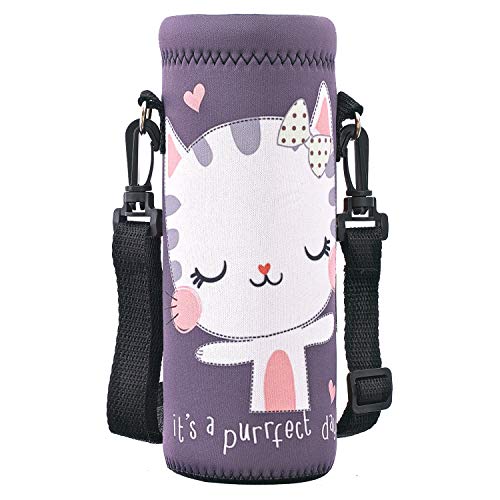 RICHEN Neoprene Water Bottle Carrier Bag with Adjustable Shoulder Strap,Insulated Water Bottle Cover for Stainless Steel/Glass/Plastic Bottles - color: Cute Cat, size: 750ml