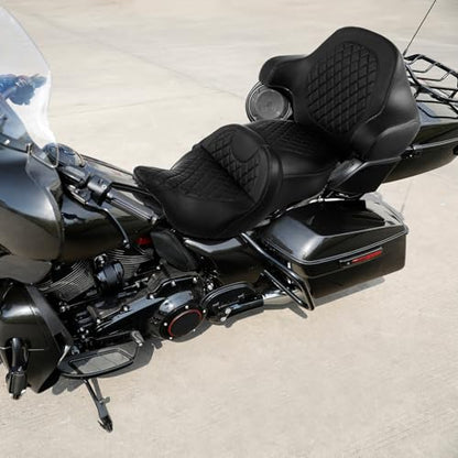 SLMOTO Gel Hammock Seat + Passenger Backrest Pad Sissy Bar Fit for Harley Touring Road King Glide Street Glide Electra Glide 2014-2023 Black Motorcycle 2 Up Rider Driver Seat Cushion - color: Gel Style B Black Seat + Backrest