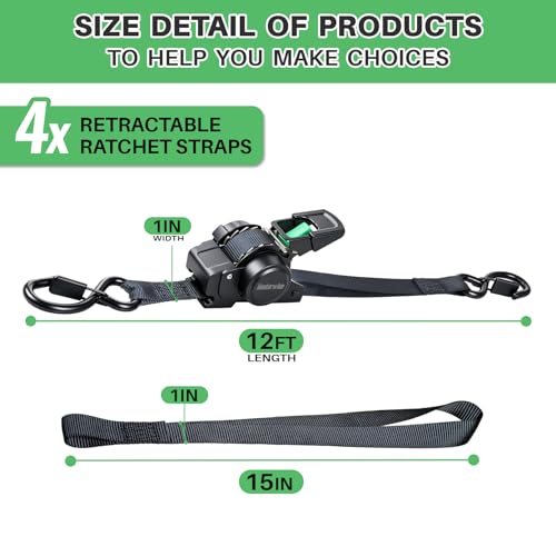Retractable Ratchet Straps, 1" x 12' Heavy Duty Auto Self Retracting Ratchet Straps, Tie Down Straps for Trucks Trailer Car Motorcycle ATV UTV Kayak Boat（4 Pack） - size: 1"x12'-4pcs