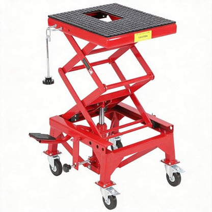 Hydraulic Motorcycle Lift Table, 350 LB Capacity Foot Operated Motorcycle Scissor Jack with 4 Wheels & Wide Deck & J-Hooks, 13.3-33.4 in Lifting Height, Ideal for ATV Dirt Bikes, Red