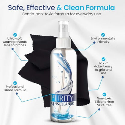 Purity Eyeglass Lens Cleaner Spray Kit - 3 x 8oz Lens Cleaner Spray Bottle + 2 Microfiber Cloth for Cleaning - Safe for All Lenses (AR Coated Included), Eyeglasses and Screens - style: 5 Piece Set - 3 (8oz Lens Spray) + 2 (Microfiber Cloth)