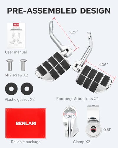 Benlari Motorcycle Adjustable Highway Footpegs Style 3 Chrome Long Angled Fit for Harley Touring Street Glide Softail Dyna Sportster fits 1"(25mm) 1-1/4"(32mm) Engine Guard - size: LONG