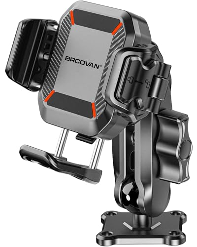 BRCOVAN Anti-Theft Phone Mount Holder with Vibration Dampener, 1s Locking | Don't Block Camera, with Aluminum Medium Arm & Square Base, for Car Boat Truck Motorcycle UTV, Fit 5.4-7.2'' Smartphones