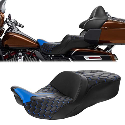 C.C.Rider Leather Driver Passenger Seat - Bagger Comb Strapped 2-Up One-Piece fit for Harley Touring Road King FLHR Street Glide FLHX Road Glide FLTRX Electra Glide FLHT 2009-2023, Black+Blue - color: Black+Blue