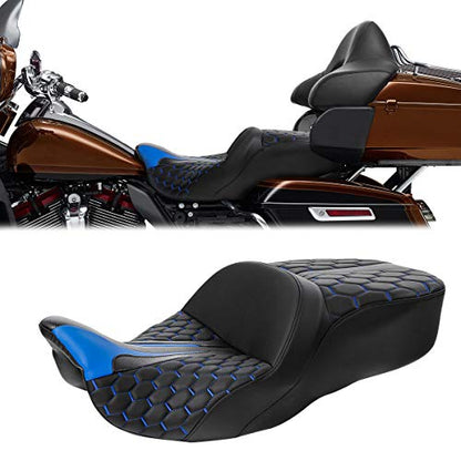 C.C.Rider Leather Driver Passenger Seat - Bagger Comb Strapped 2-Up One-Piece fit for Harley Touring Road King FLHR Street Glide FLHX Road Glide FLTRX Electra Glide FLHT 2009-2023, Black+Blue - color: Black+Blue