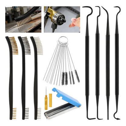 Carburetor Cleaning Kit, 37Pcs Torch Tip Cleaner Set with 3 Double Head Brush 23 Needles 5 Nylon Brushes 1 Scraper 4 Cleaning Hooks and Case for Motorcycle/ATV/Lawn Mower/Torch Chainsaw Small Engines