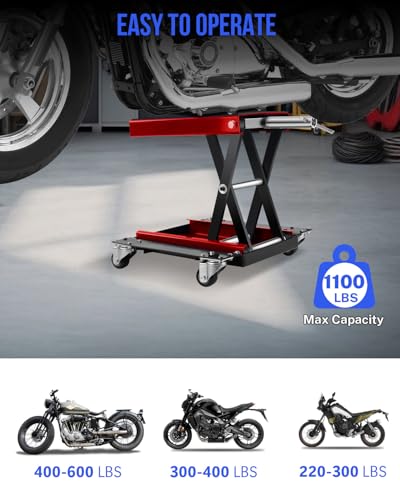Motorcycle Scissor Lift Jack with Dolly Wheels & Hand Crank - 1100LBS Heavy Duty Adjustable Bike Lift for Cruiser, Dirt Bike, ATV - Foldable, Non-Slip Platform, Garage Repair Stand