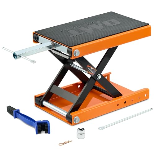 Orion Motor Tech Motorcycle Lift, 1100lb Scissor Lift Jack with Wide Deck T Handle 3/8" Socket, Motorcycle Center Stand with Chain Brush, Crank Hoist Stand for ATV Dirt Bike Cruiser, Orange - color: Orange