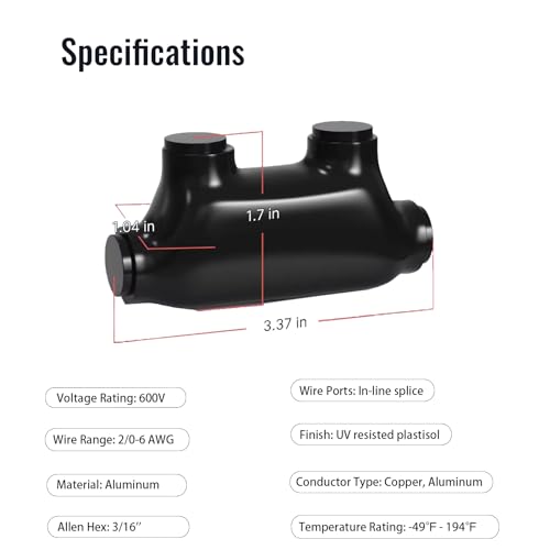 5 Pcs Insulated In-Line Splice Connector, 2 Ports 2/0-6AWG Wire Range Pre-Filled and Dual Sided Entry Dual Rated, Black Vinyl Coated Multi Cable Wire Connectors