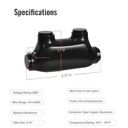5 Pcs Insulated In-Line Splice Connector, 2 Ports 2/0-6AWG Wire Range Pre-Filled and Dual Sided Entry Dual Rated, Black Vinyl Coated Multi Cable Wire Connectors