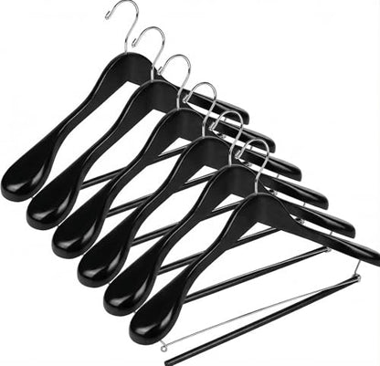 DEILSY™ Black Suit Hangers for Men with Non-Slip Pants Bar & 360° Swivel Hook - Smooth Finish Wooden Coat Hangers, Heavy Duty Wooden Hanger – Pack of 6 - color: Black