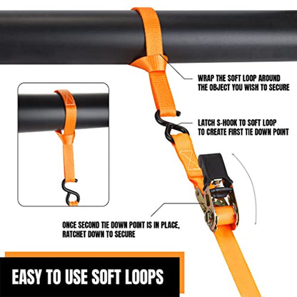 Cartman 1" x 15' Ratchet Tie Down up to 1500lbs 4pk in Carry Bag, with 18" Soft Loop Tie-Down Straps & 32" Bungee Cord - style: 4PK Orange