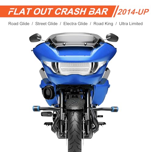 Engine Guard Flat Out Crash Bar for 2014-2025 Harley Touring Street Glide Road Glide Road King Electra Glide Ultra Models (Gloss Black w/Blue CNC) - color: Gloss Black w/Blue CNC