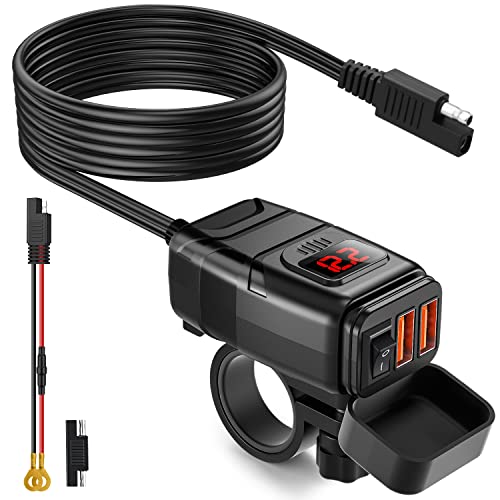 EXTRACTME Motorcycle USB Charger, 6.8A Quick Charge 3.0 Dual USB Motorcycle Phone Charger with Voltmeter & ON/Off Switch, Waterproof Quick Disconnect SAE to USB Adapter for Phone, Tablet, GPS - color: Red Voltmeter Motorcycle Phone Charger