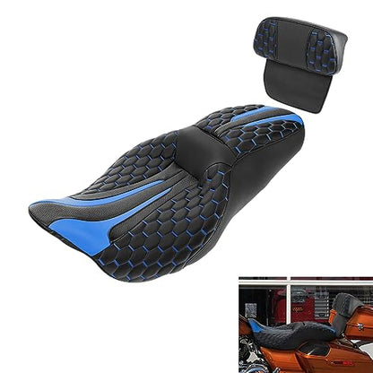 C.C. RIDER Motorcycle Seat Driver Passenger Touring Seat with Backrests for Harley Davison Electra Glide Classic Street Glide Road Glide 2014-2023 - color: Black Blue Seat + Tour Trunk Backrest