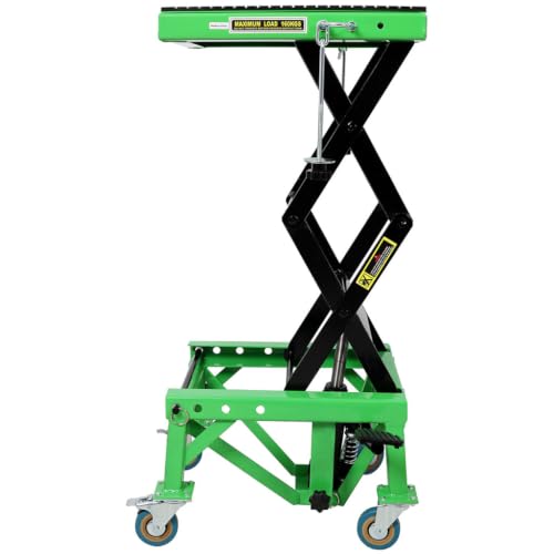 350 LBS Hydraulic Motorcycle Lift Jack, Foot-Operated Scissor Lift Stand with Locking Casters, J-Hook & Rubber Top Platform for Dirt Bikes, Motorcycles and ATVs
