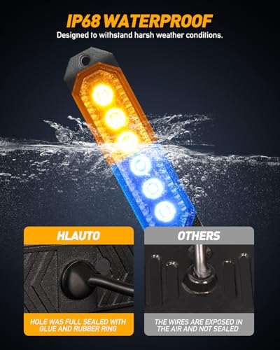 HLauto 406T Emergency Strobe Grille Lights: 4Pcs 6 LED Sync Feature Safety Warning Flashing Light, 12V-24V Ultra Slim Surface Mount Hazard Caution Light for Truck, Vehicle, Car, ATV, UTV (Amber Blue) - color: Amber/Blue