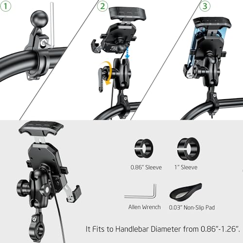 iMESTOU Anti-Theft Motorcycle Wireless Phone Mount Charger 15W & USB C 3A Handlebar 1" Ball Phone Holder Works with 12V/24V Vehicle/USB A Socket 720 Rotation Quick Charge for 4.0-7.0" Cellphones - style: Double Socket Arm-Wireless & USB C Charge
