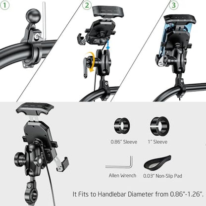 iMESTOU Anti-Theft Motorcycle Wireless Phone Mount Charger 15W & USB C 3A Handlebar 1" Ball Phone Holder Works with 12V/24V Vehicle/USB A Socket 720 Rotation Quick Charge for 4.0-7.0" Cellphones - style: Double Socket Arm-Wireless & USB C Charge