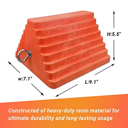 HOXWELL 2 Packs Wheel Chocks Heavy Duty Orange with Eyebolt, Vehicle Chock for Travel Trailers, Camper, Truck, Car and ATV, 9.1" Length x 7.1" Width x 5.5" Height - color: Orange-2 pcs