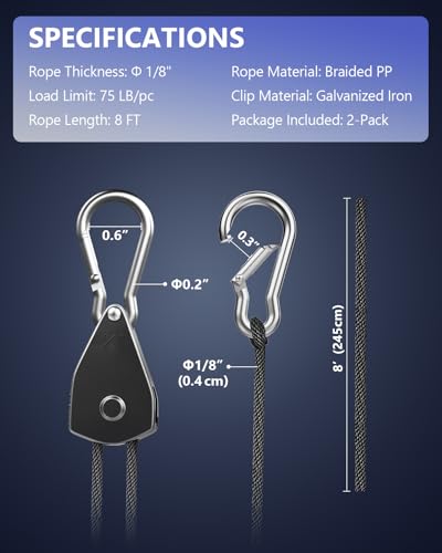 VIPARSPECTRA Retractable Heavy Duty Ratchet Tie Down Straps [2 Pack, 8ft, 75lbs/Pack], Rope Pulley System with Carabiner Hook for Hanging Plants/Grow Light/Tents Various Tie-Down Uses - size: 1/8" 2-Pack