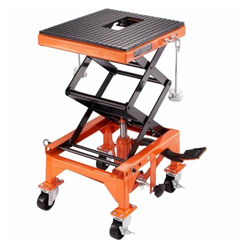 Motorcycle Lift Table Hydraulic, 350 LBS Scissor Jack, ATV Dirt Bike Lift Stand - Wide Deck, 4 Wheels, Foot Pedal Operated