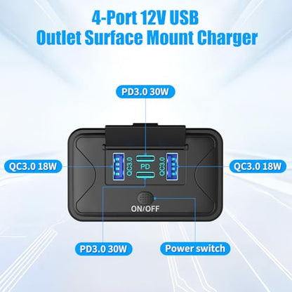 78W 4 Port 12V USB Outlet Wall Mount, Dual 36W PD & Dual 18W QC3.0 Lightweight Surface Mount Charger Socket Panel with Button Switch for Bus RV Truck Marine Golf Cart - color: 1 PACK
