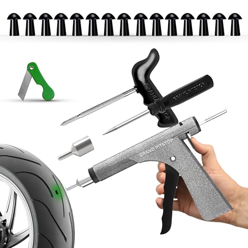 GRAND PITSTOP Tubeless Tire Gun Puncture Repair Kit with Mushroom Plug for Tyre Punctures and Flats on Cars, Motorcycles, ATV, Trucks & Tractors (Gun Kit Antic Silver)