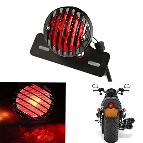 Motorcycle Black Grille Ribbed Round LED Tail Brake Light Red Lens For Integrated License Plate Lamp Fit Bobber Chopper Cruiser Street Bike - color: Black 5
