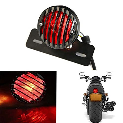Motorcycle Black Grille Ribbed Round LED Tail Brake Light Red Lens For Integrated License Plate Lamp Fit Bobber Chopper Cruiser Street Bike - color: Black 5