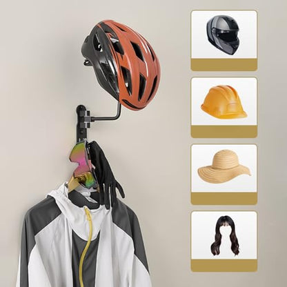 Wall Mounted Helmet Stand – Motorcycle Storage Hanger, 180 Degree Swivel Organizer | Display Rack, Metal Holder With Hooks For Jackets, Cycling Gear, Garage Equipment Storage