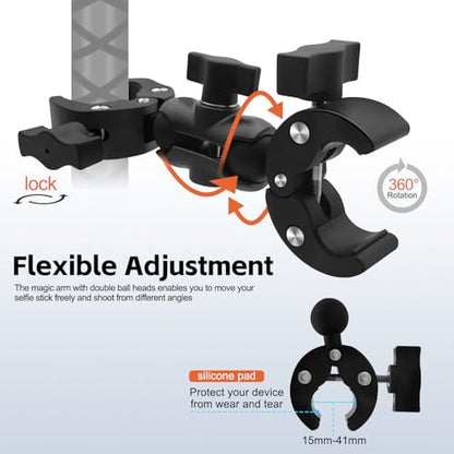 Motorcycle Camera Mount Kit Compatible for Insta360 X5-X Double Clamp with 47”Invisible Selfie Stick Bike Handlebar Holder Compatible with DJI Osmo Nano 360 Action Camera Cycling Video Boat Utv