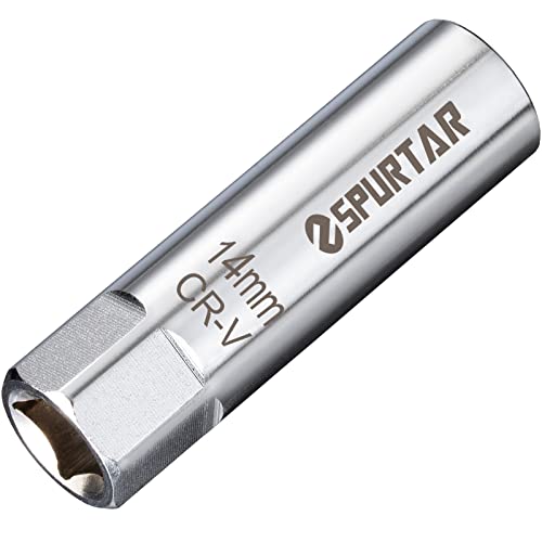 Spurtar 14mm Spark Plug Socket 12-Point Thin Wall 3/8" Drive Spring Clips Spark Plug Removal Tool Compatible with BMW, Mercedes, Nissan, Motorcycle, Car, SUV CRV Steel Wrench - size: 14mm Spring Clip