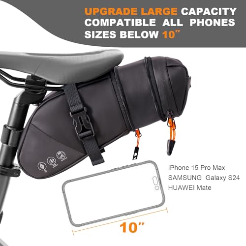 NDakter Bike Seat Bag, Expandable Bicycle Saddle Bag Under Seat, Waterproof Reflective Cycling Seat Pouch for Mountain Road Commuter & Ebikes, 1.5-2L Bike Tool Storage Pack