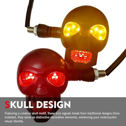 2 PCS Motorcycle Skull Turn Signal Light, 10 mm Screw LED Turn Signal Lamp with Red DRL & Amber Direction Warning, Universal for Scooter Dirt Bike (Red & Amber) - color: Red & Amber